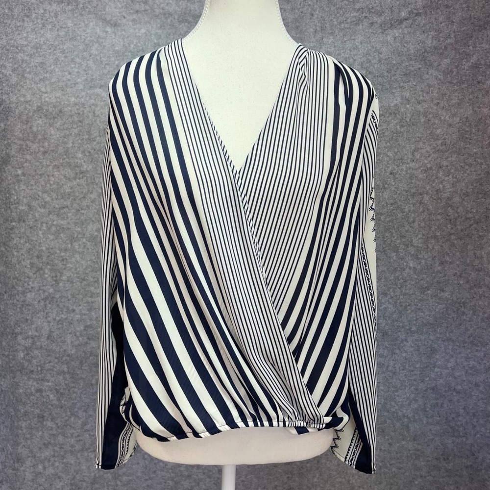 Renee C Womens Navy White Striped Surplice Long Sleeve Blouse Made in USA Size M